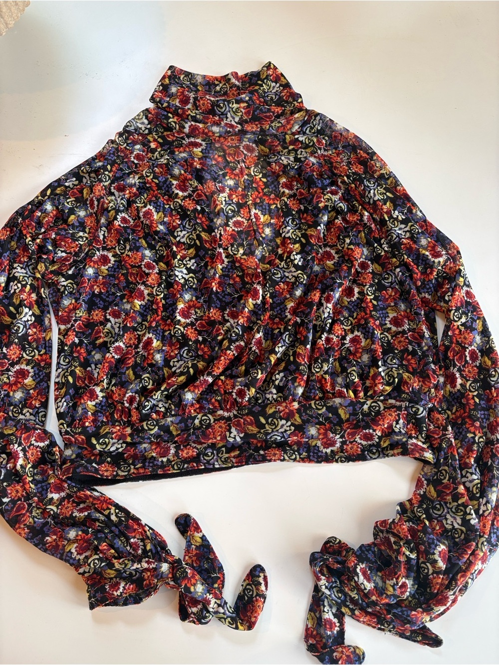Free People All Dolled Up Black Floral Print Mesh Long Sleeve top - Picture 10 of 10